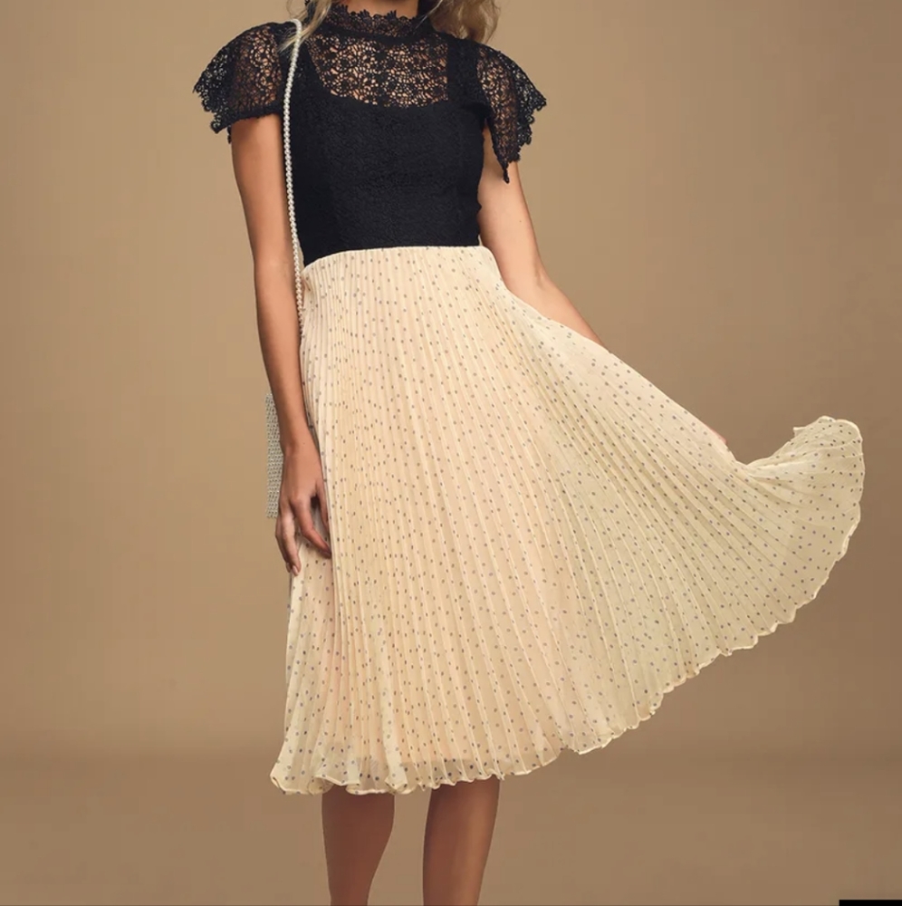 Lulu's Countryside Chic Black Lace Polka Dot Pleated Midi Dress